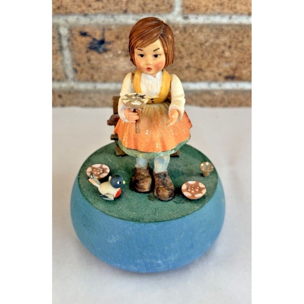 Vintage ANRI Rotating Music Box Girl With Flowers Plays "Love Story"